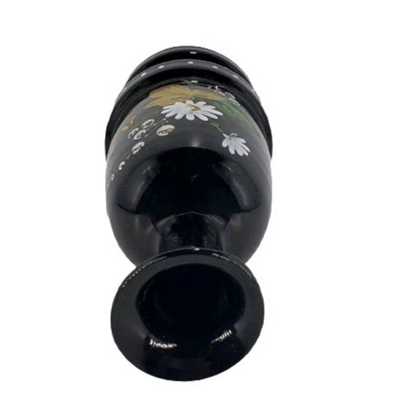 Antique Hand Blown Black Amethyst Glass Vase Hand Painted Floral Rough Pontil - Picture 4 of 6